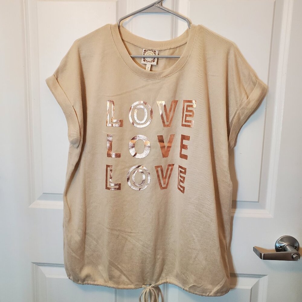 TruSelf Beige LOVE light sweater, Short Sleeves, Draw String, Size 1X